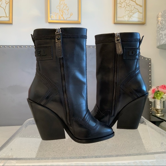 Diesel Flamingo Black leather wedge Boots 6 New - Picture 4 of 15